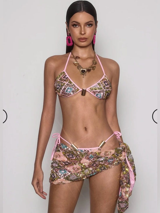 Mew Mews Other - Pink Sequin Embellished Bikini Set with Sarong